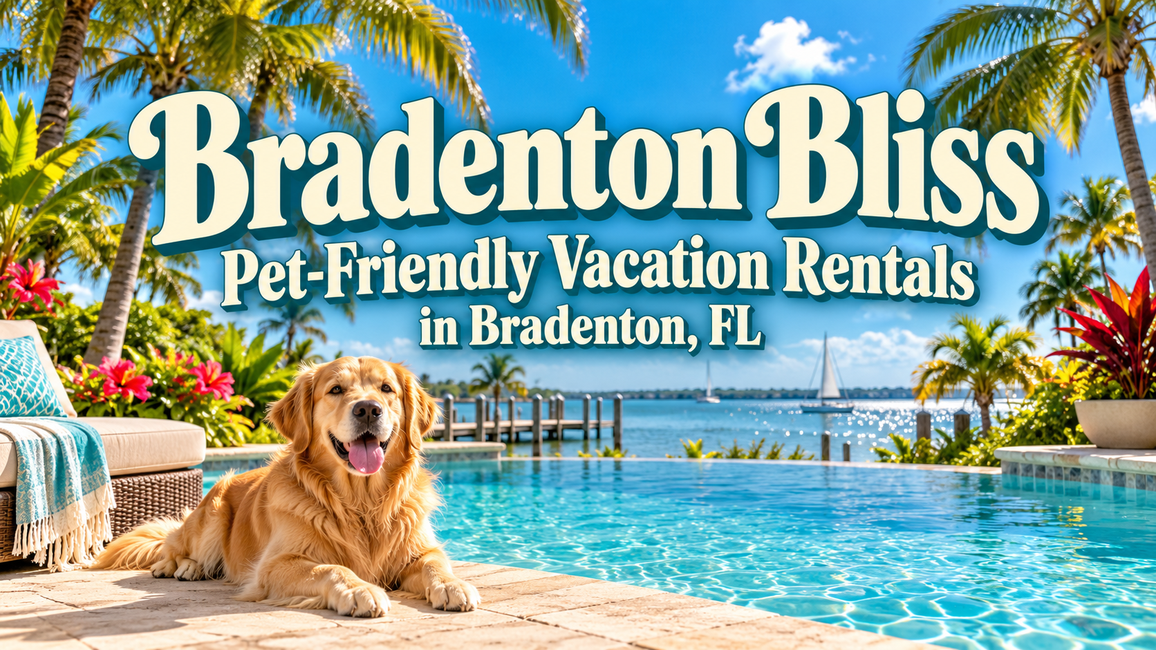 Bradenton Bliss pet-friendly vacation rentals in Bradenton, FL, with poolside dog and palm trees