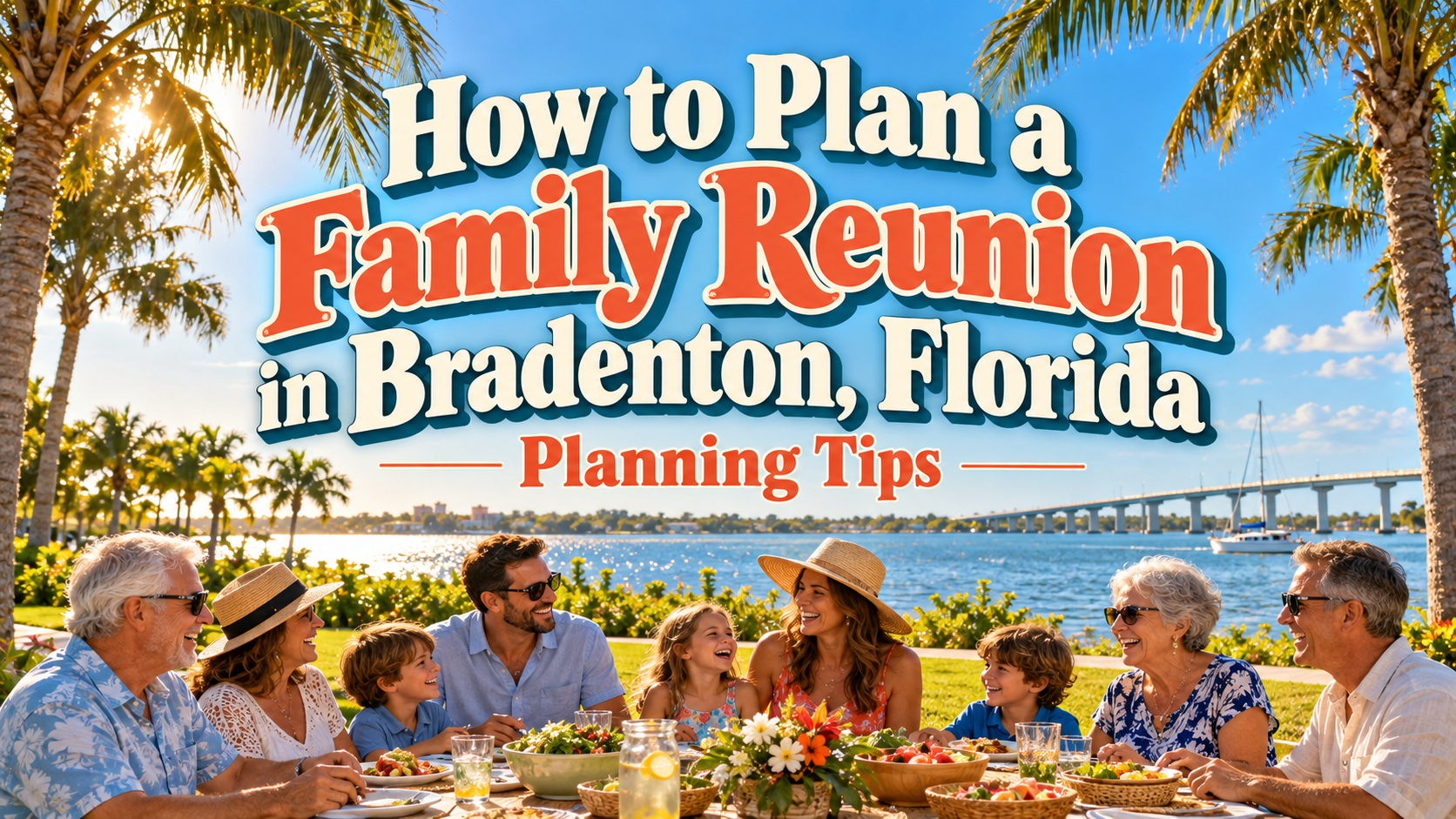 Family reunion picnic on a beach with banner text: “How to Plan a Family Reunion in Bradenton, Florida”