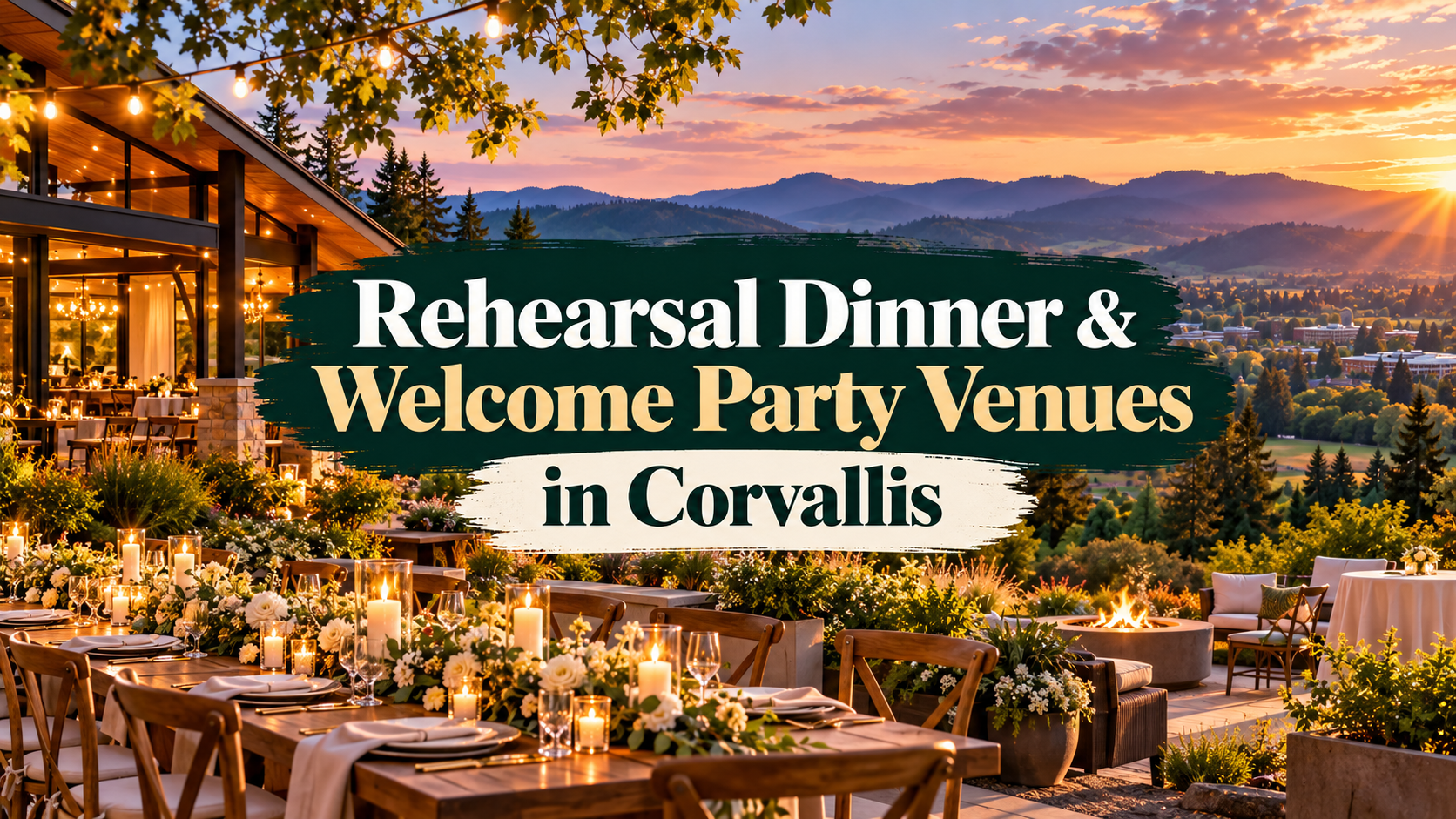 Outdoor reception venue at sunset with tables and string lights, labeled “Rehearsal Dinner & Welcome Party Venues in Corvallis”