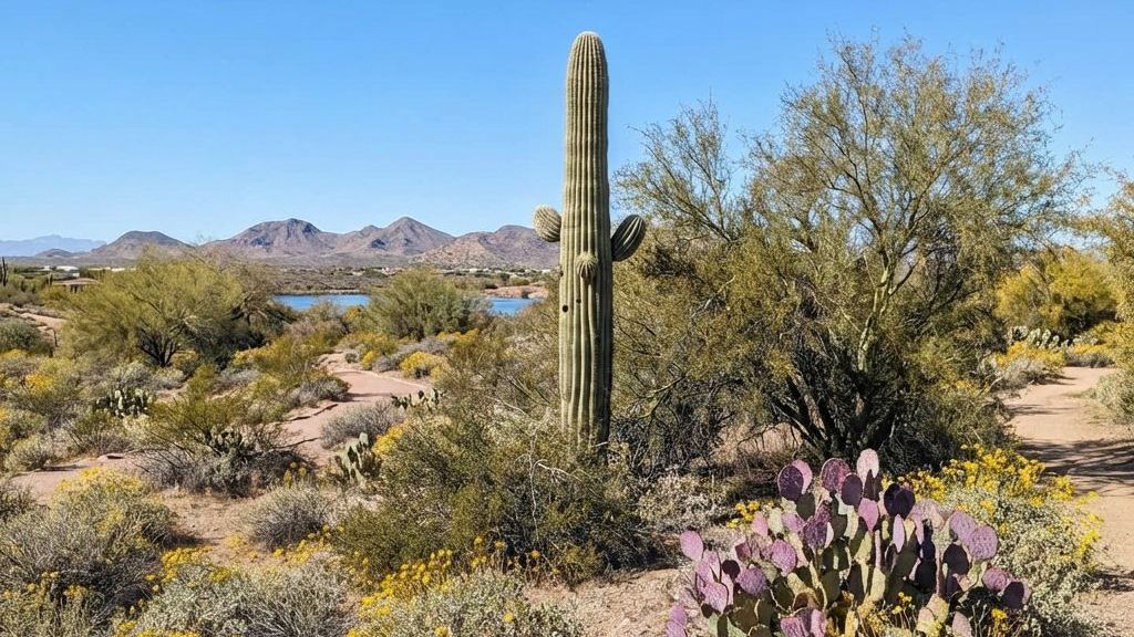 A tall saguaro cactus stands in a sunny desert landscape with scrub brush, a patch of purple prickly pear, and mountains.