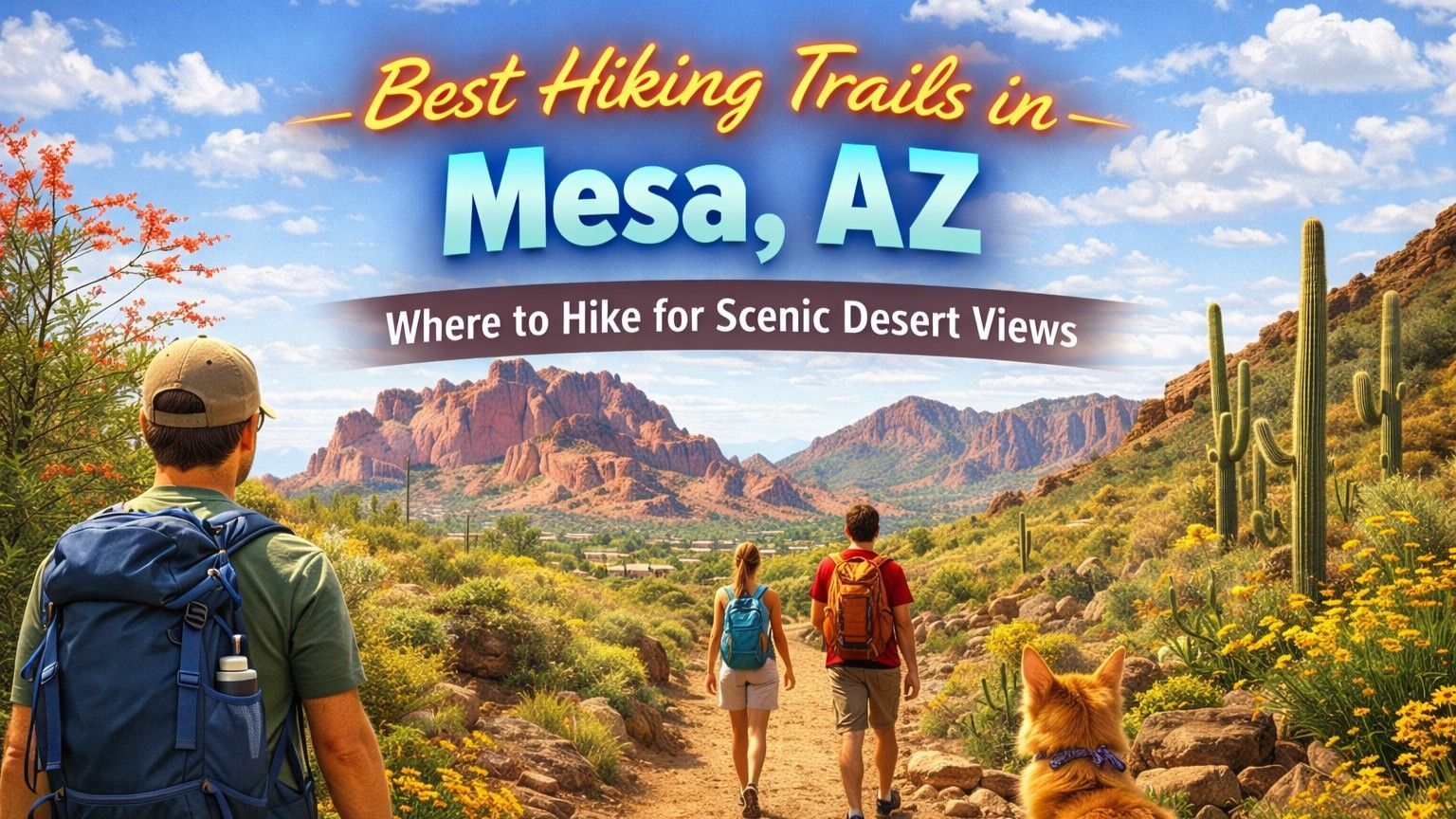 Hikers on a desert trail in Mesa, Arizona, with a dog. Red rock mountains and cacti in background.