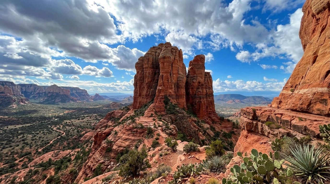 Towering red rock formations rise above a desert landscape under a bright blue sky with scattered clouds.