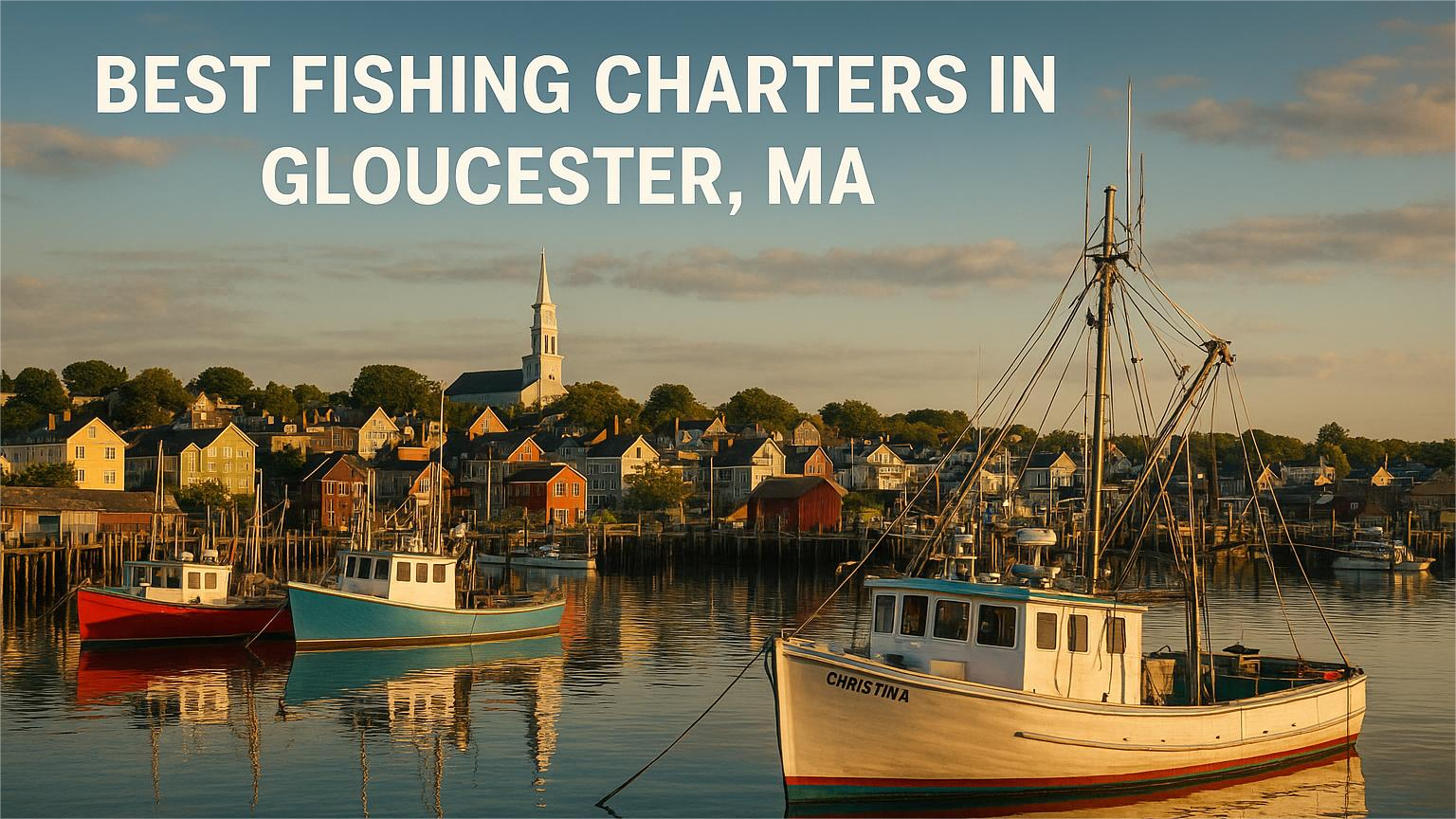 Boats docked in Gloucester, MA harbor with church steeple in background;