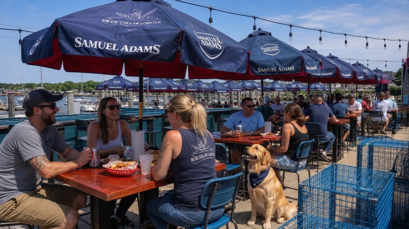 People dining at outdoor tables under navy umbrellas, with a dog sitting by a chair near the waterfront.