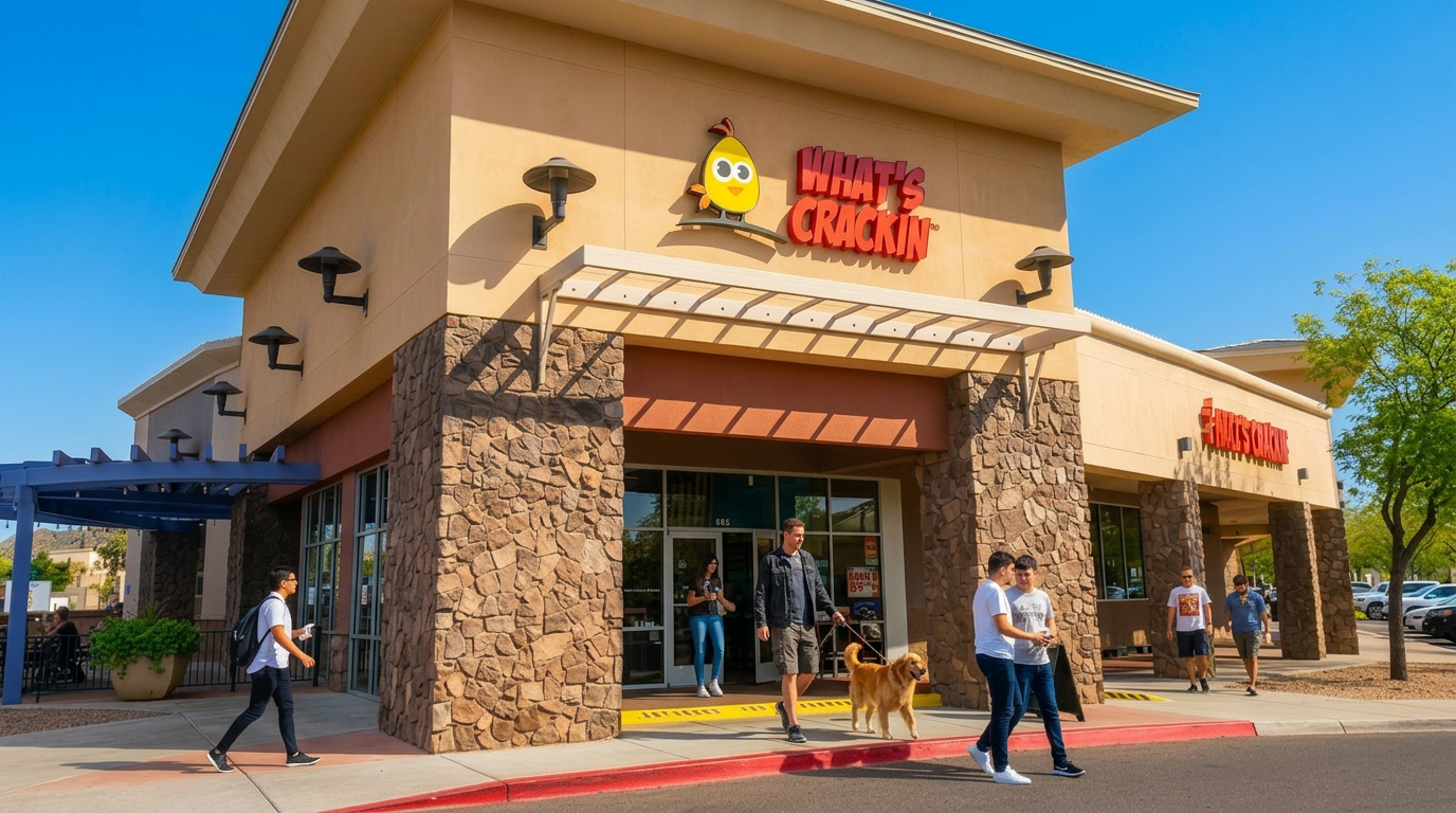 Chuck E. Cheese storefront with people walking outside on a sunny day