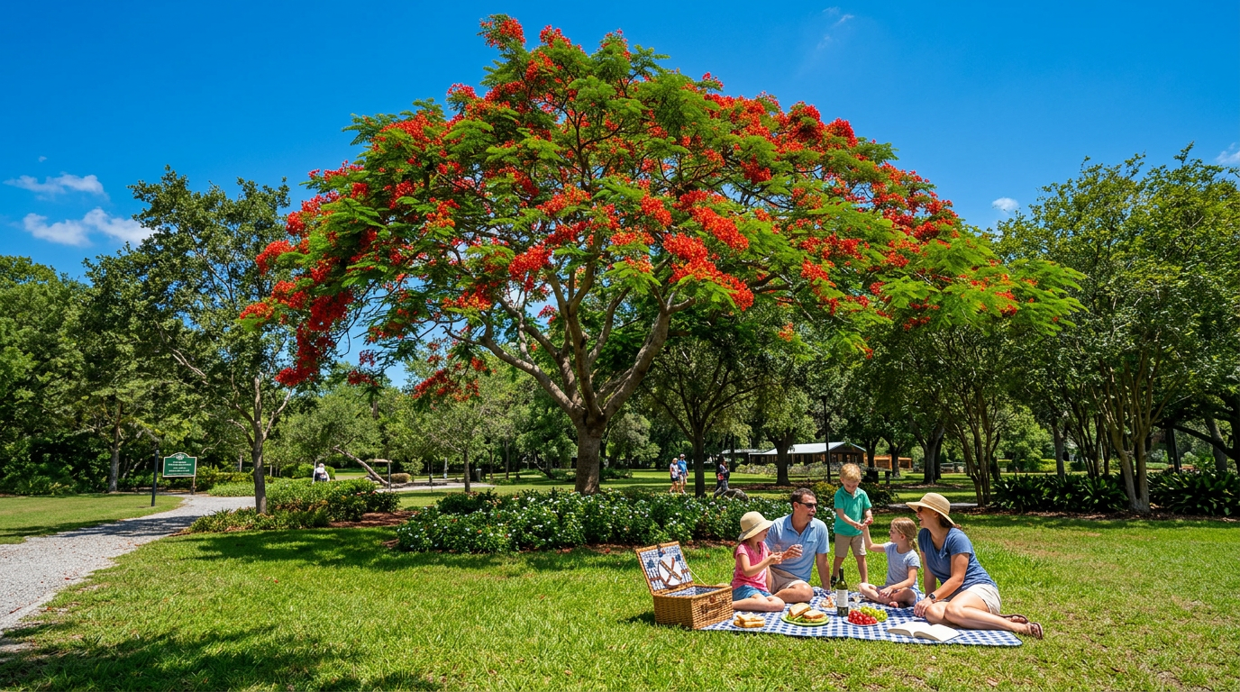 Picnic under a blooming red-flowered tree in a sunny green park