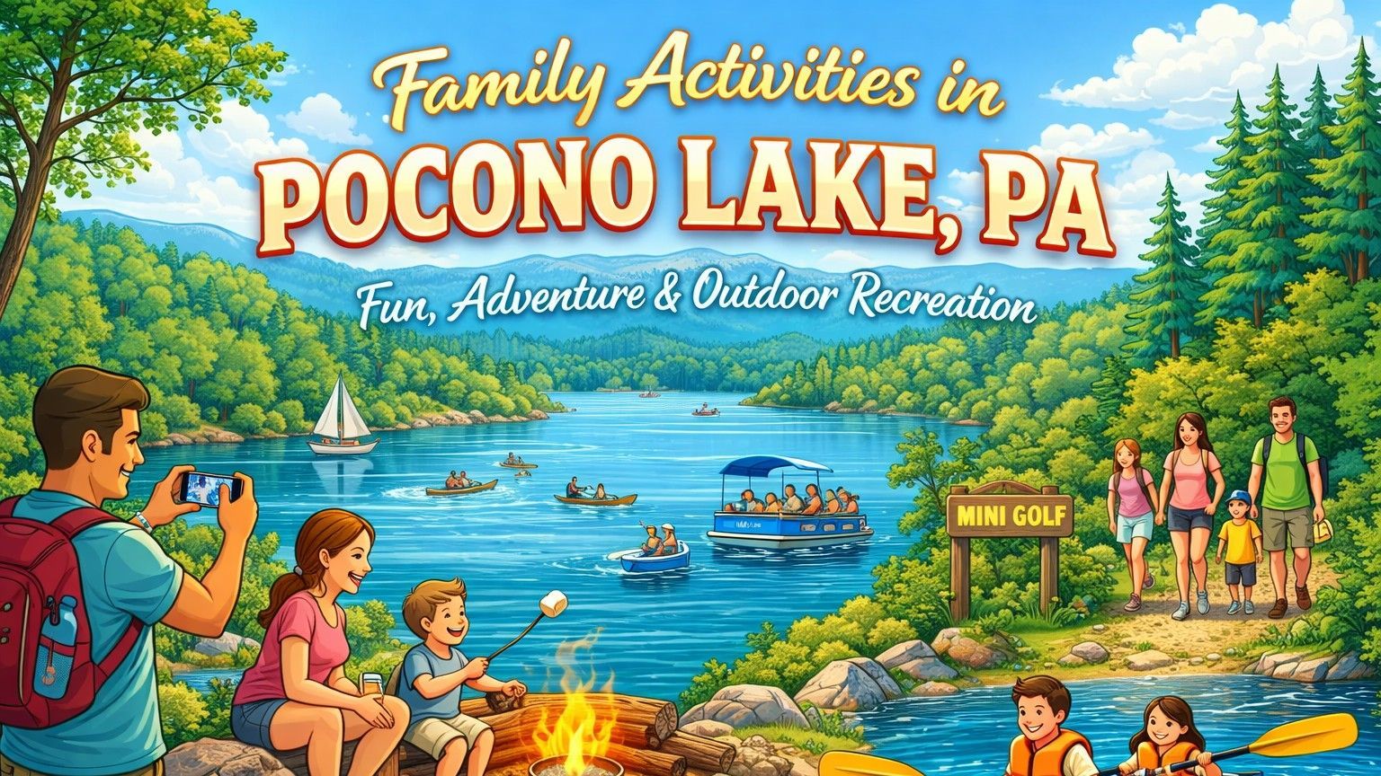Family enjoying outdoor activities at Pocono Lake, PA: kayaking, boating, and roasting marshmallows.