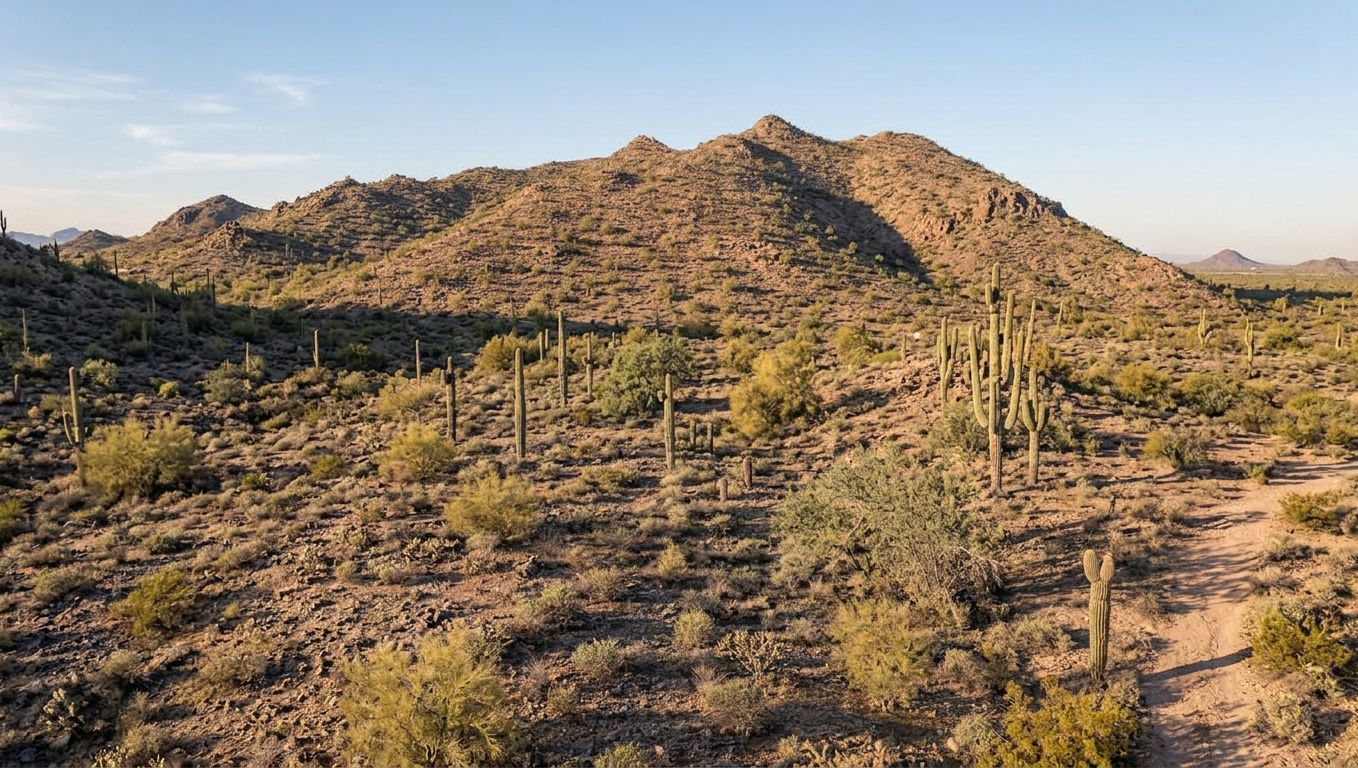A dry, sunlit Sonoran Desert landscape with rocky hills and scattered saguaro cacti under a clear blue sky.