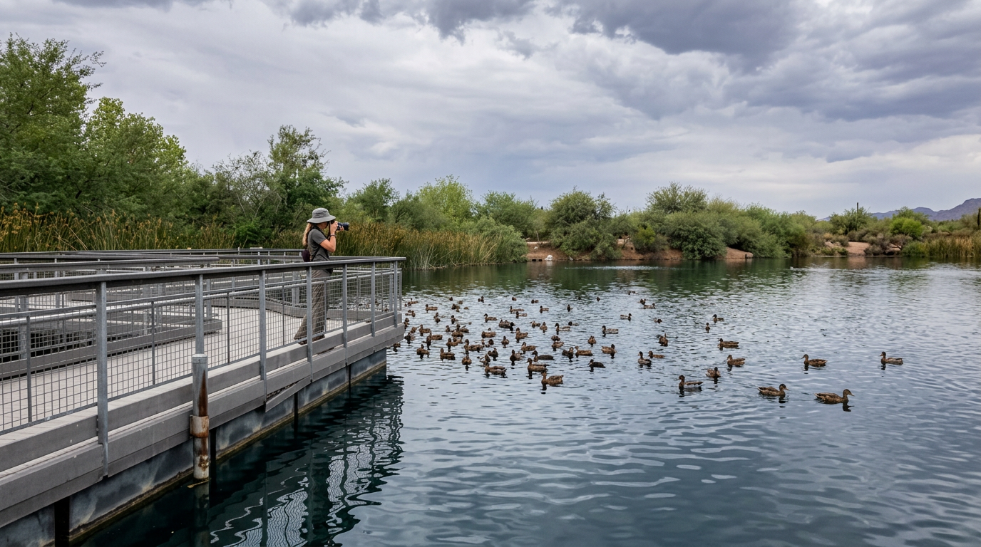 Birds floating on a calm pond beside a metal viewing deck under a cloudy sky
