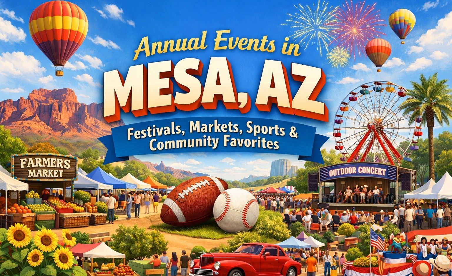 Banner for annual events in Mesa, AZ, with hot air balloons, a Ferris wheel, and a farmer's market.