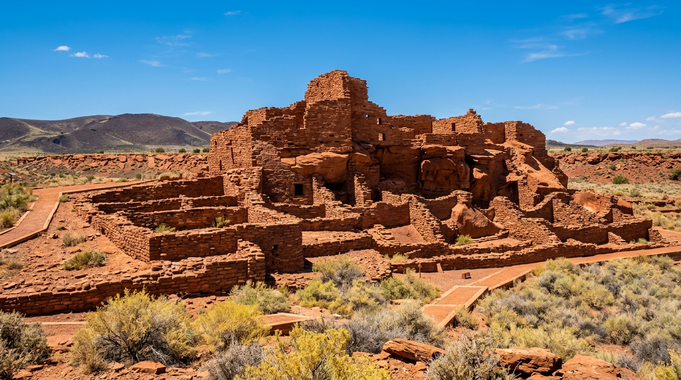Ancient red sandstone ruins in a desert landscape under a blue sky