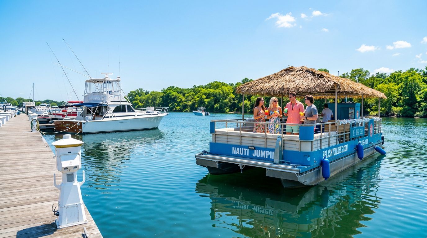 Tour boat with people under a thatched canopy on turquoise water near a marina with yachts and trees