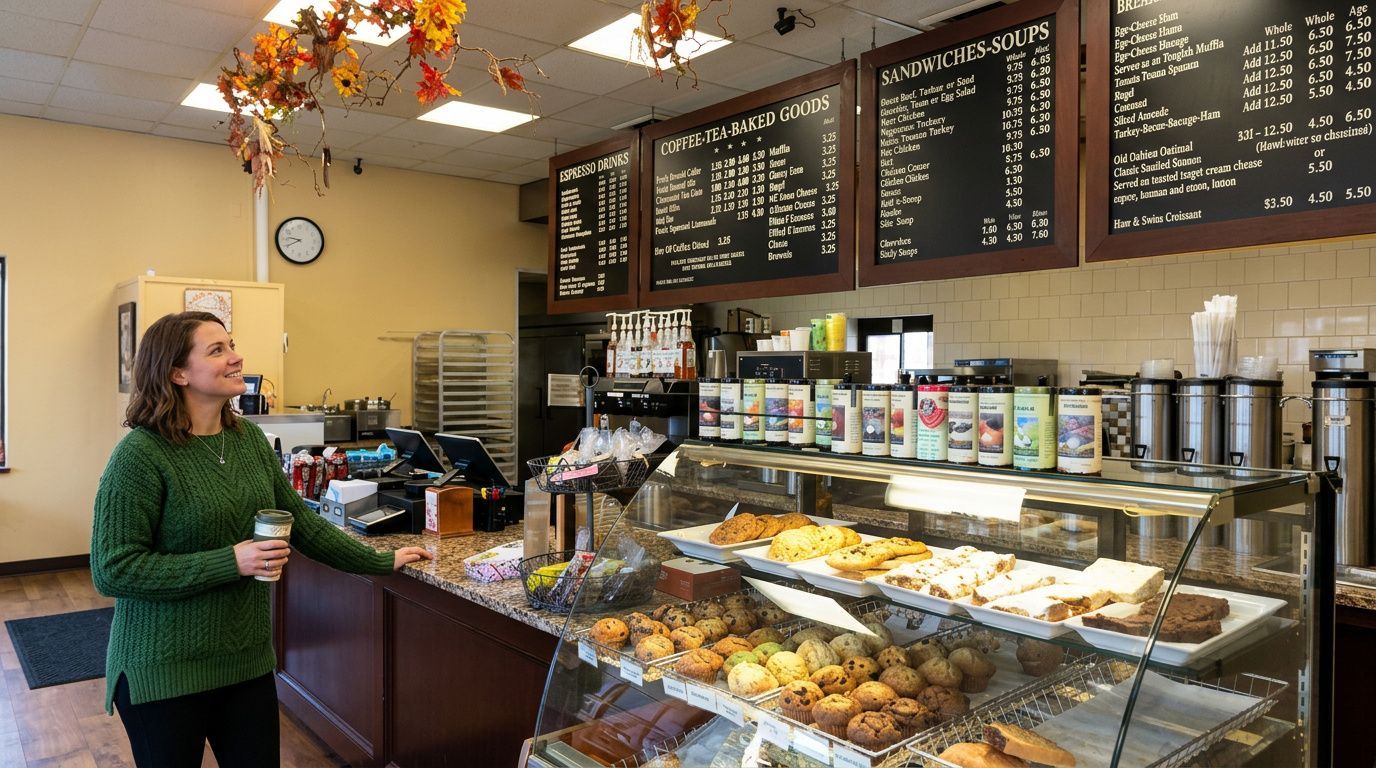 Cafe counter with pastries and menu boards, while a customer stands near the display case.