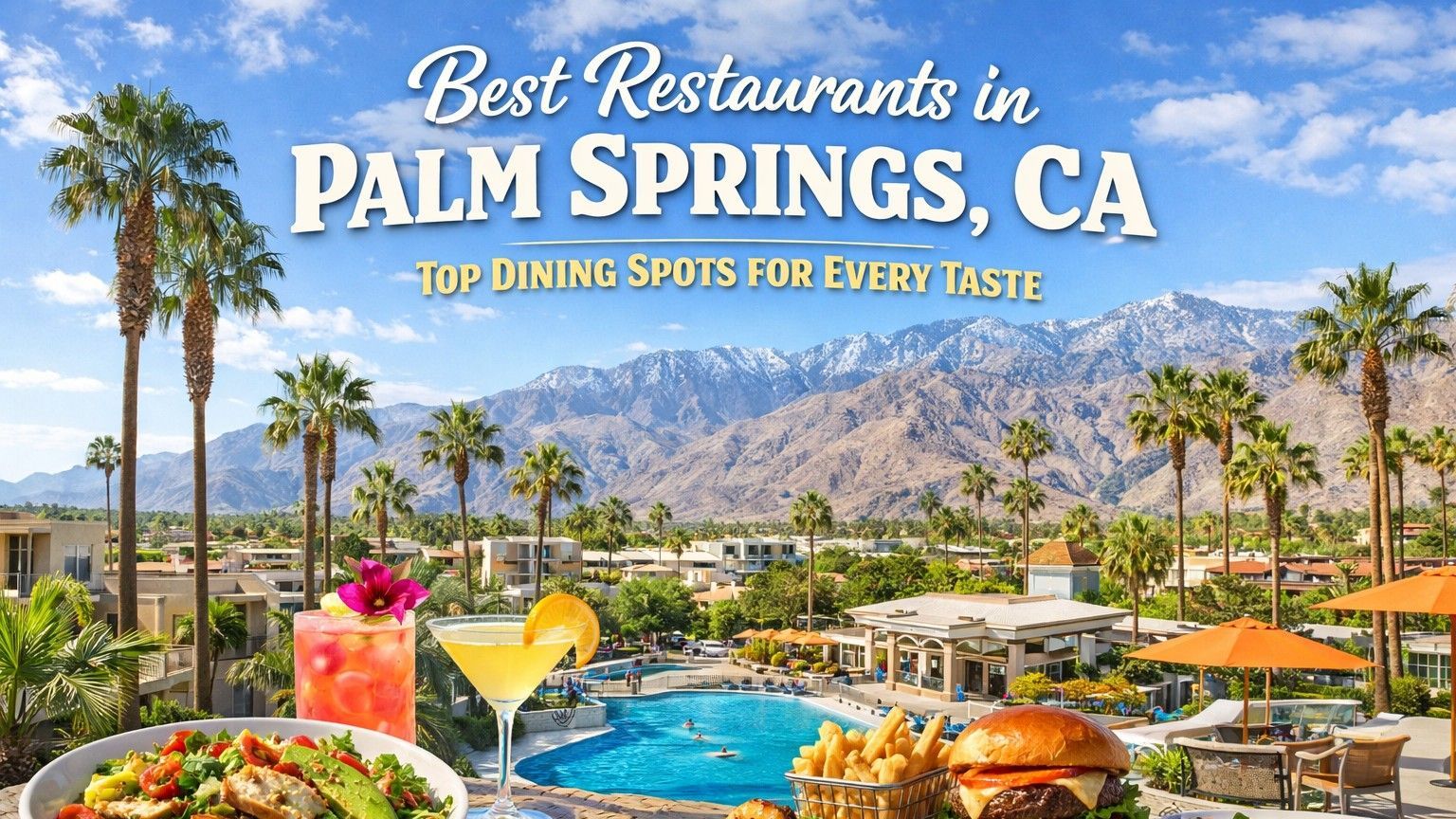 A scenic view of a Palm Springs resort with mountains, palm trees, a swimming pool, and cocktails in the foreground.