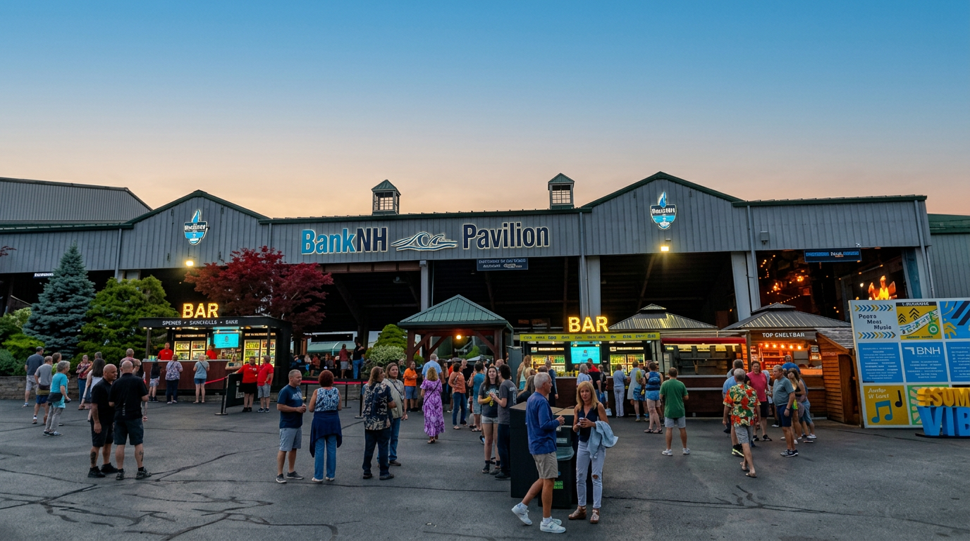 Outdoor bar and food stands at dusk with people gathered in front of a long building