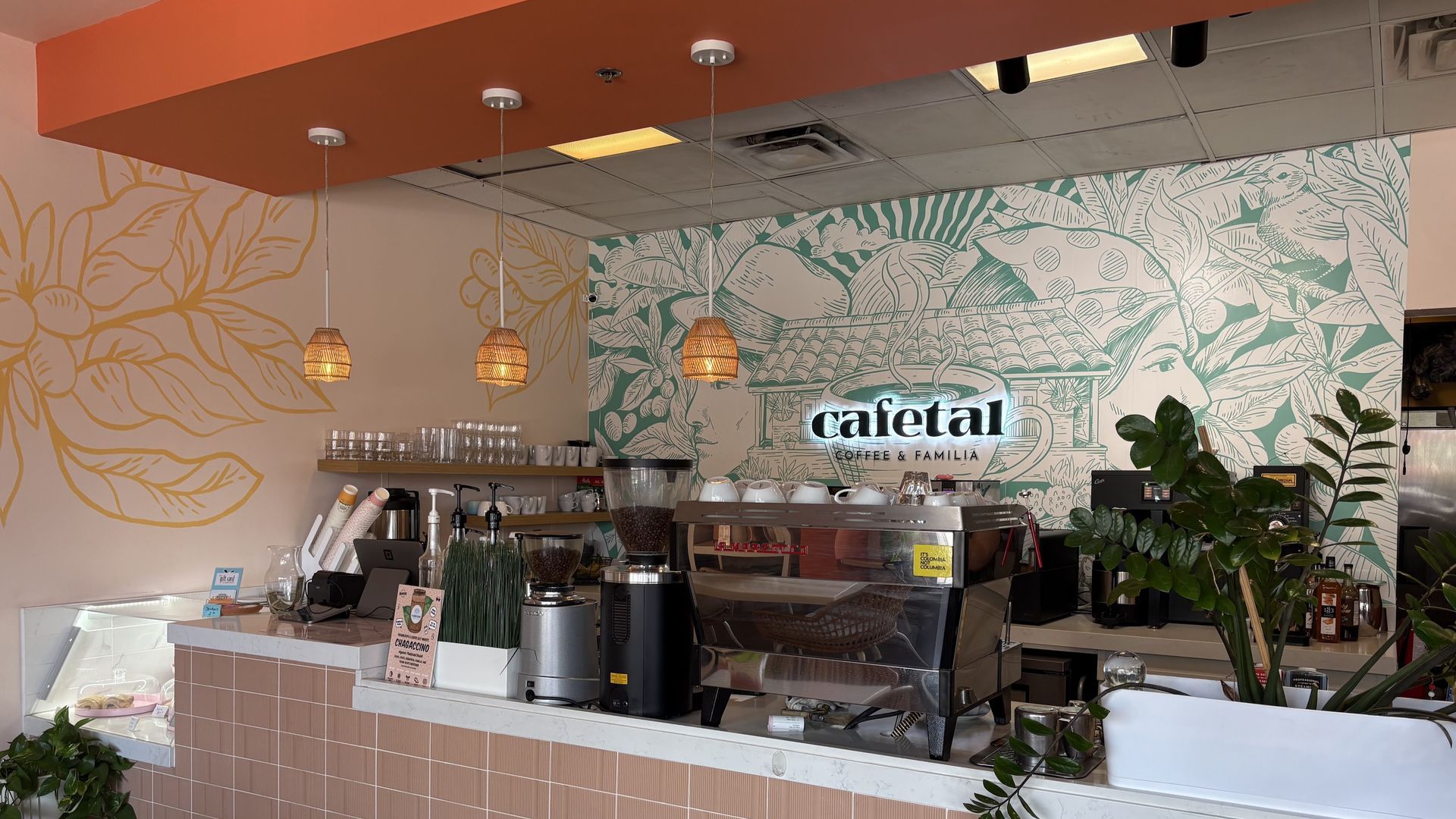 Coffee shop interior with bar, espresso machine, botanical mural, and hanging lights.