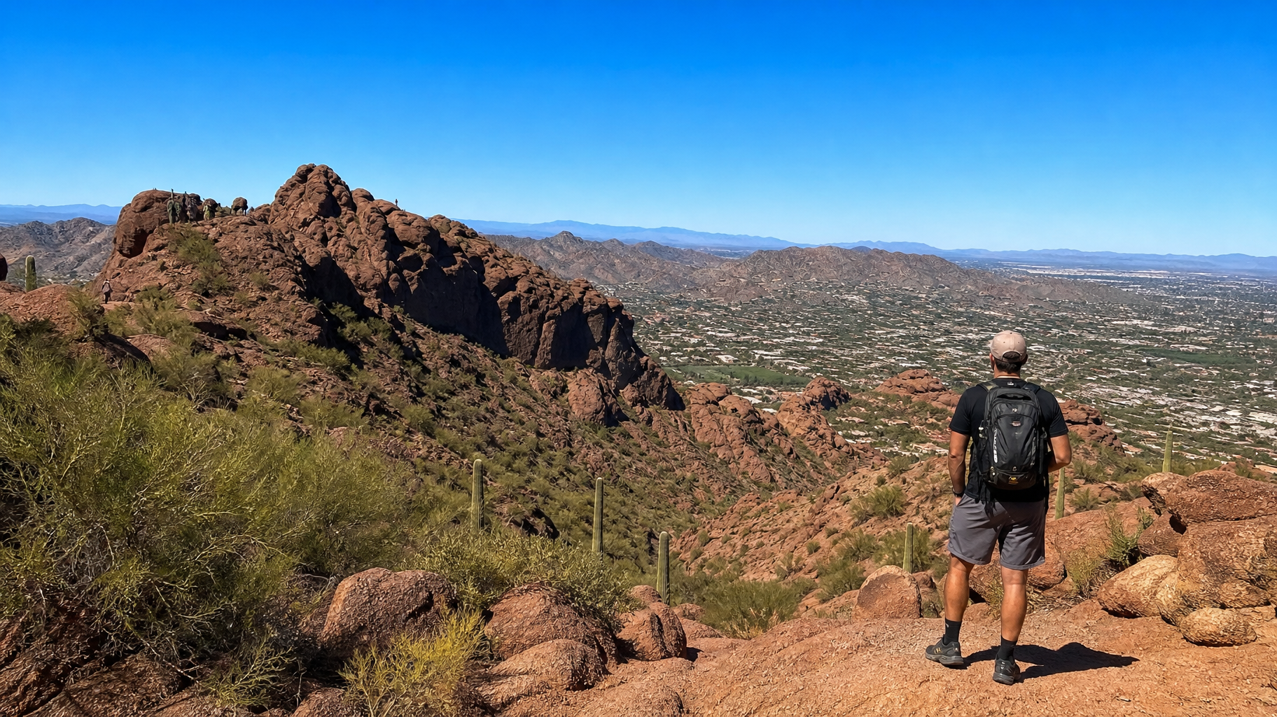 Hiker overlooking a rocky desert valley and city under a clear blue sky