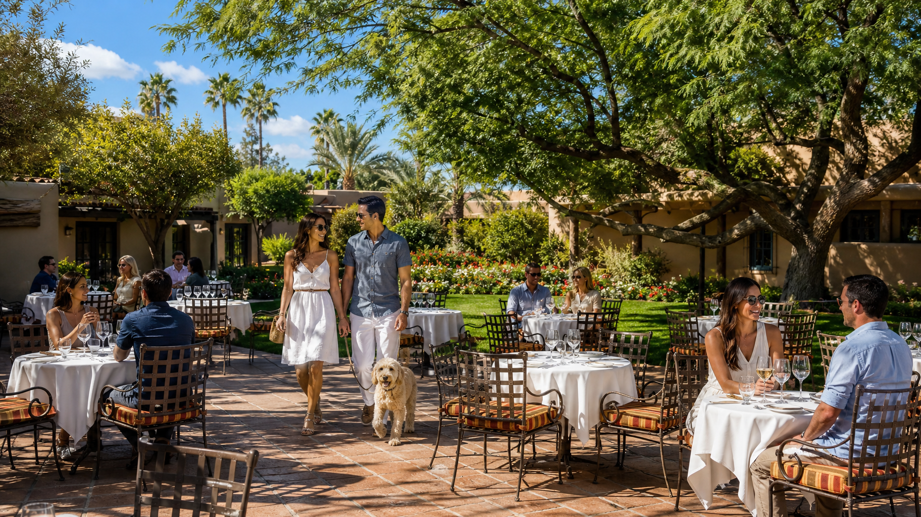 Outdoor garden café with white tables and chairs, people dining under leafy trees in bright sunlight.