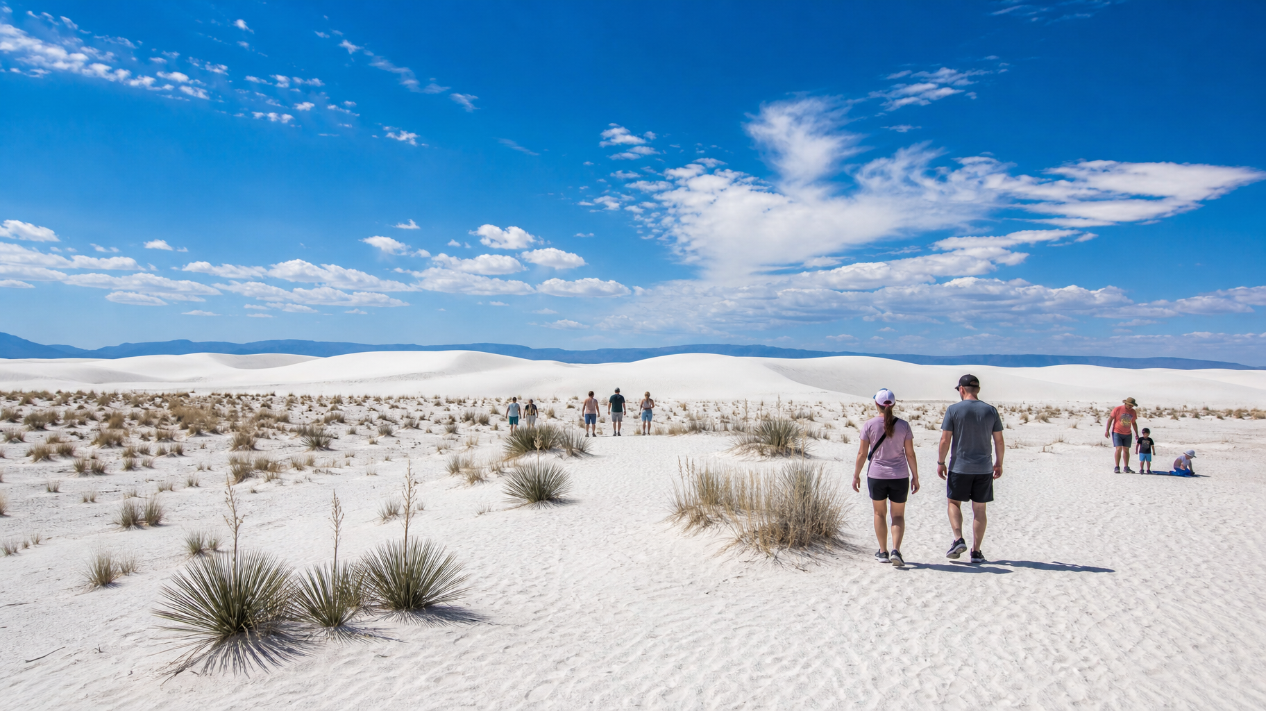 People walking across white sand dunes under a bright blue sky with scattered clouds
