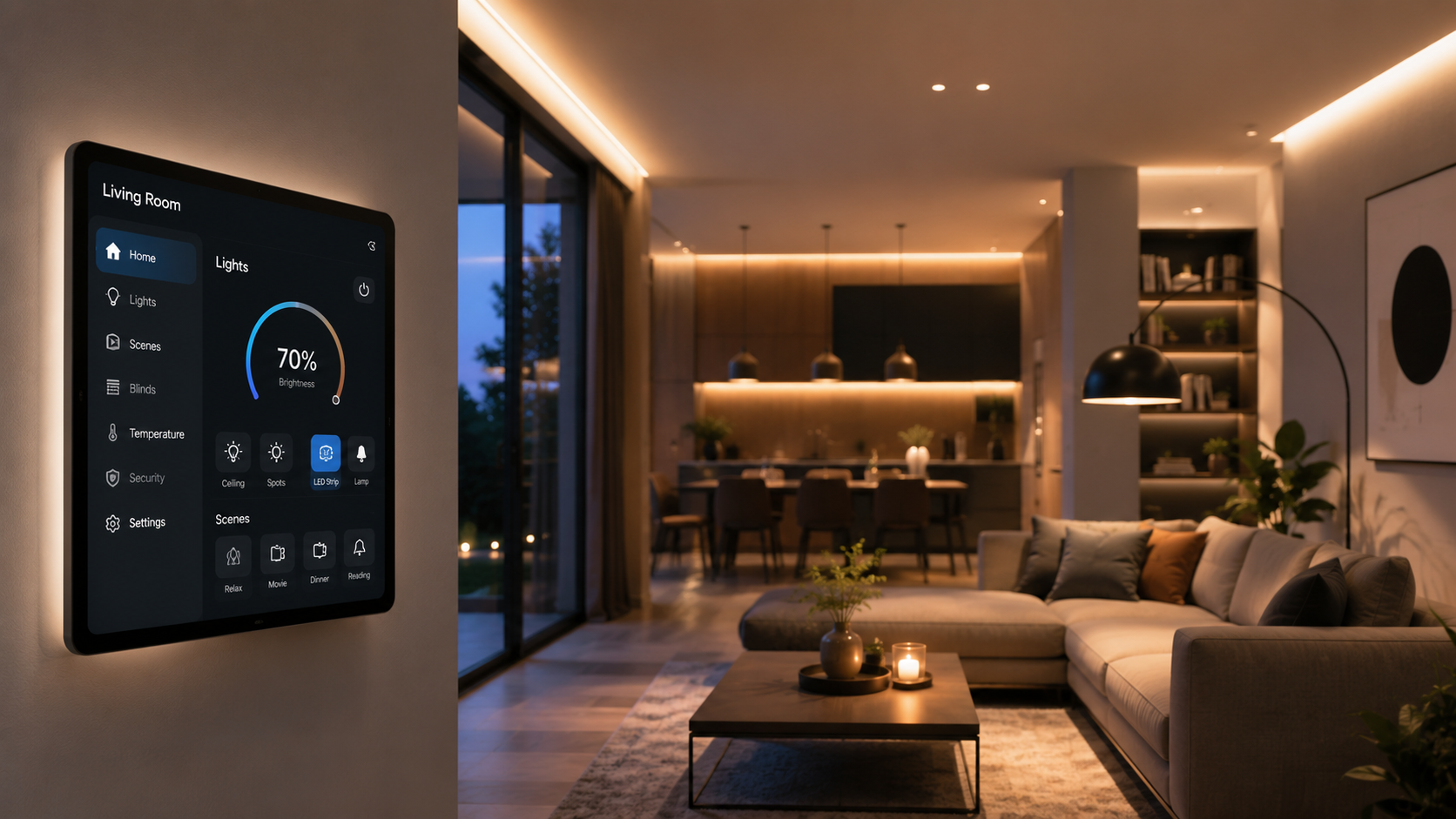 Modern smart home living room with wall control panel, warm lighting, sofa, coffee table, and city view at night