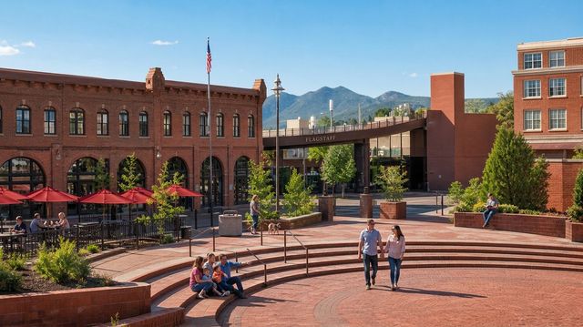 Brick plaza with steps, red-brick buildings, umbrellas, and people in a sunny mountain town square.