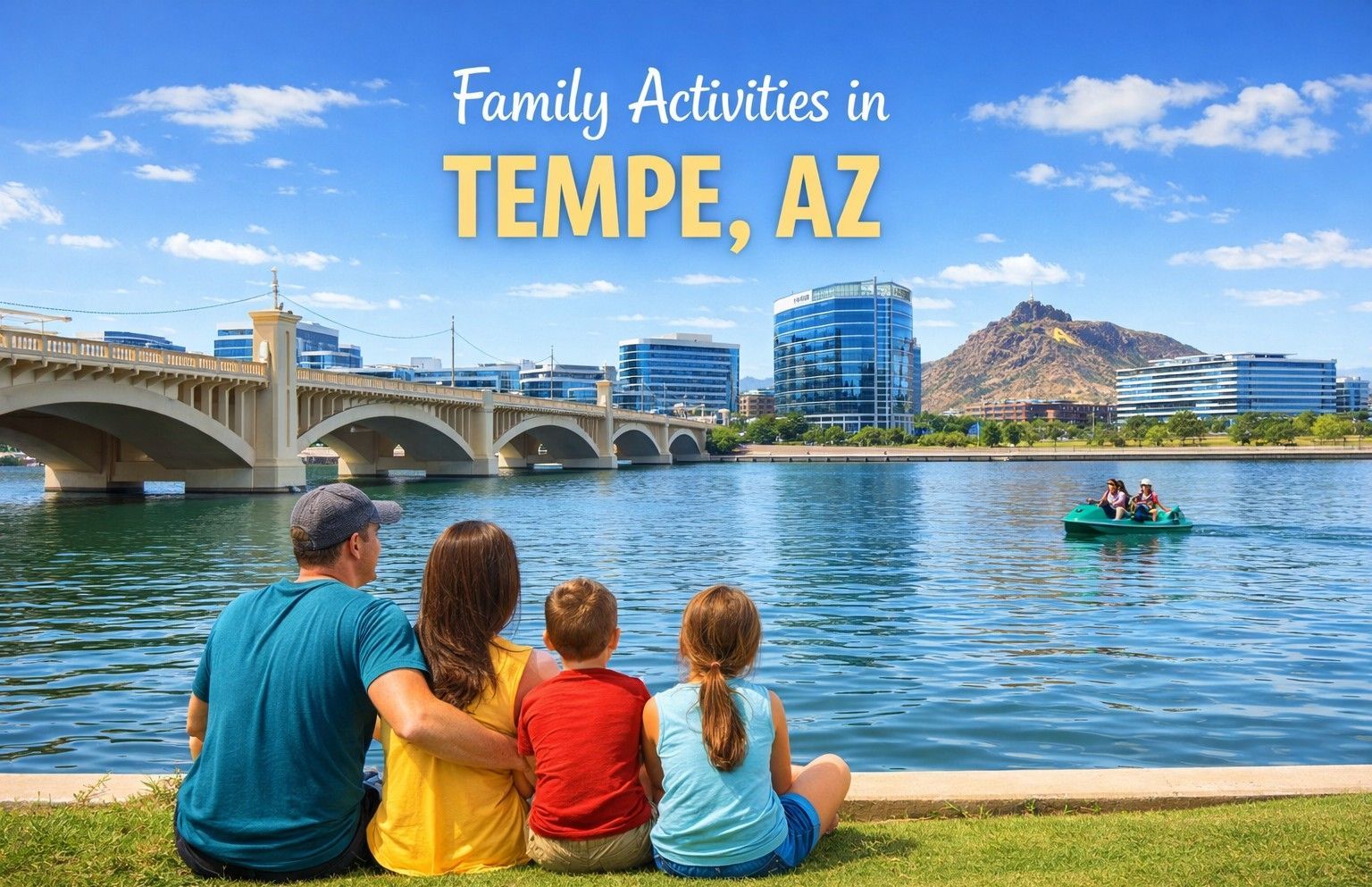 Family by Tempe Town Lake; view of bridge, blue water, and papago park in Arizona.