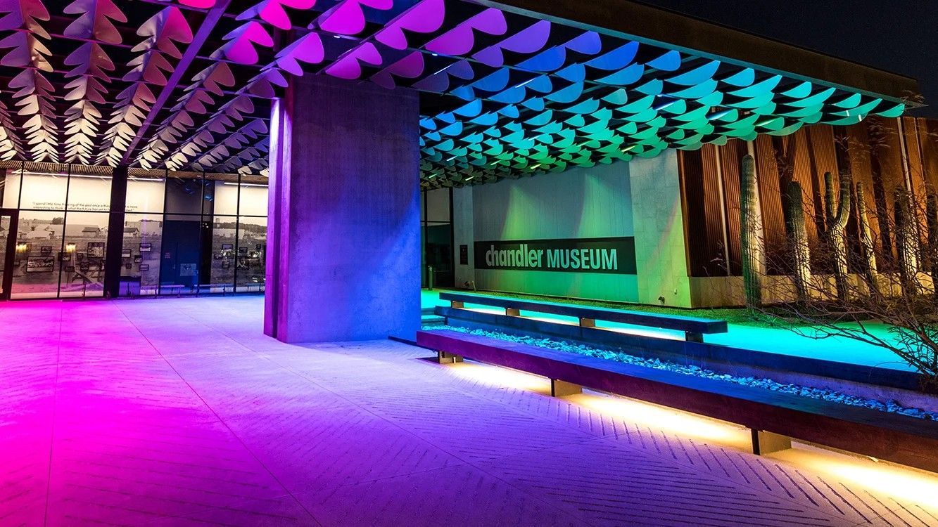 Night view of a museum entrance lit with vibrant purple, green, and blue lights. Museum sign is visible.