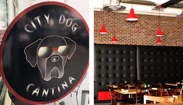 City Dog Cantina logo with a dog wearing sunglasses, restaurant interior with brick wall and red lamps.