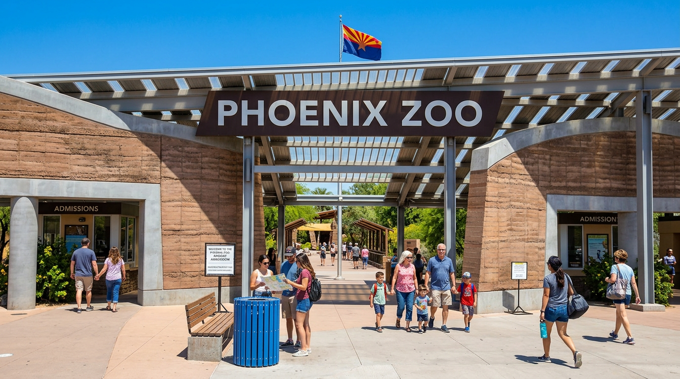 Phoenix Zoo entrance with visitors walking under a large sign and shaded brick gateway