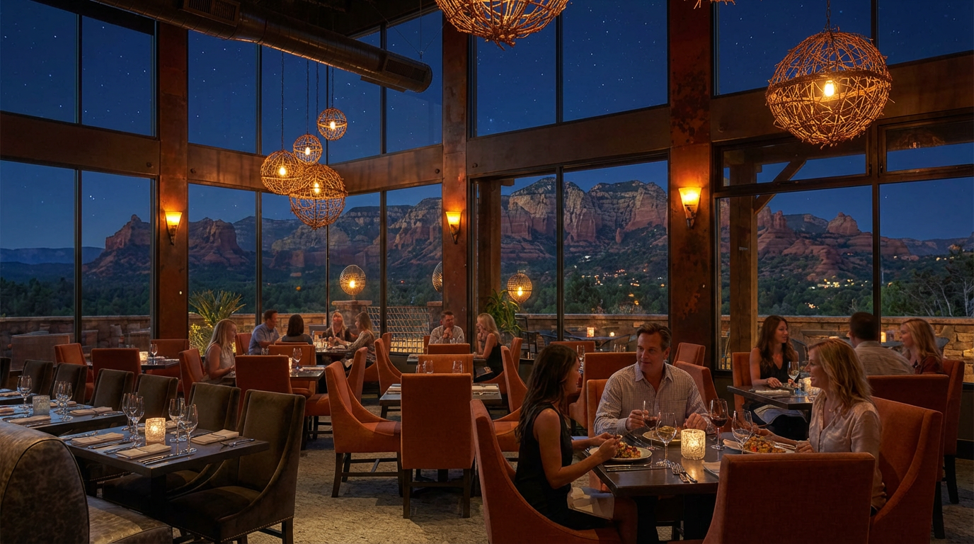 Patrons dine at tables inside a restaurant with floor-to-ceiling windows overlooking a sunset mountain landscape.