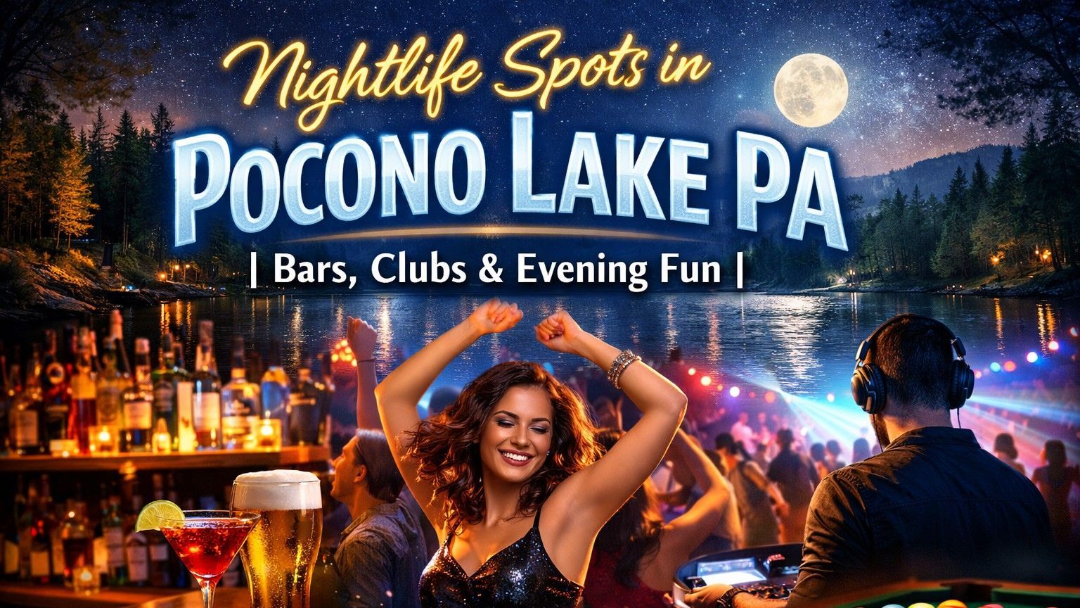 Nightlife in Pocono Lake, PA: People dancing and drinking at a bar with lake and moon in background.