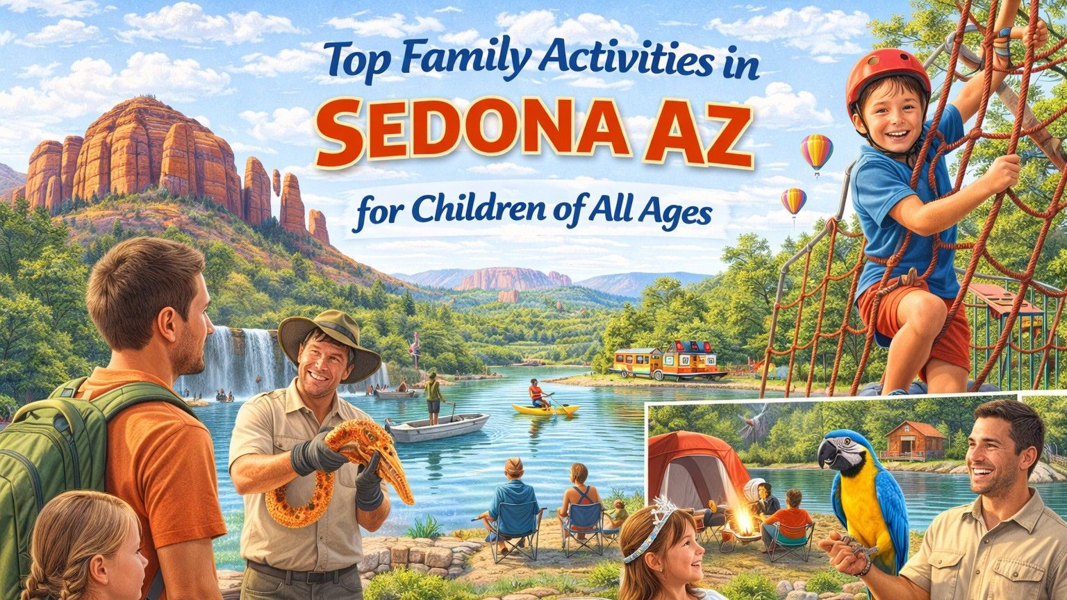 Family enjoying activities in Sedona, AZ: hiking, climbing, kayaking, and camping near red rock formations.