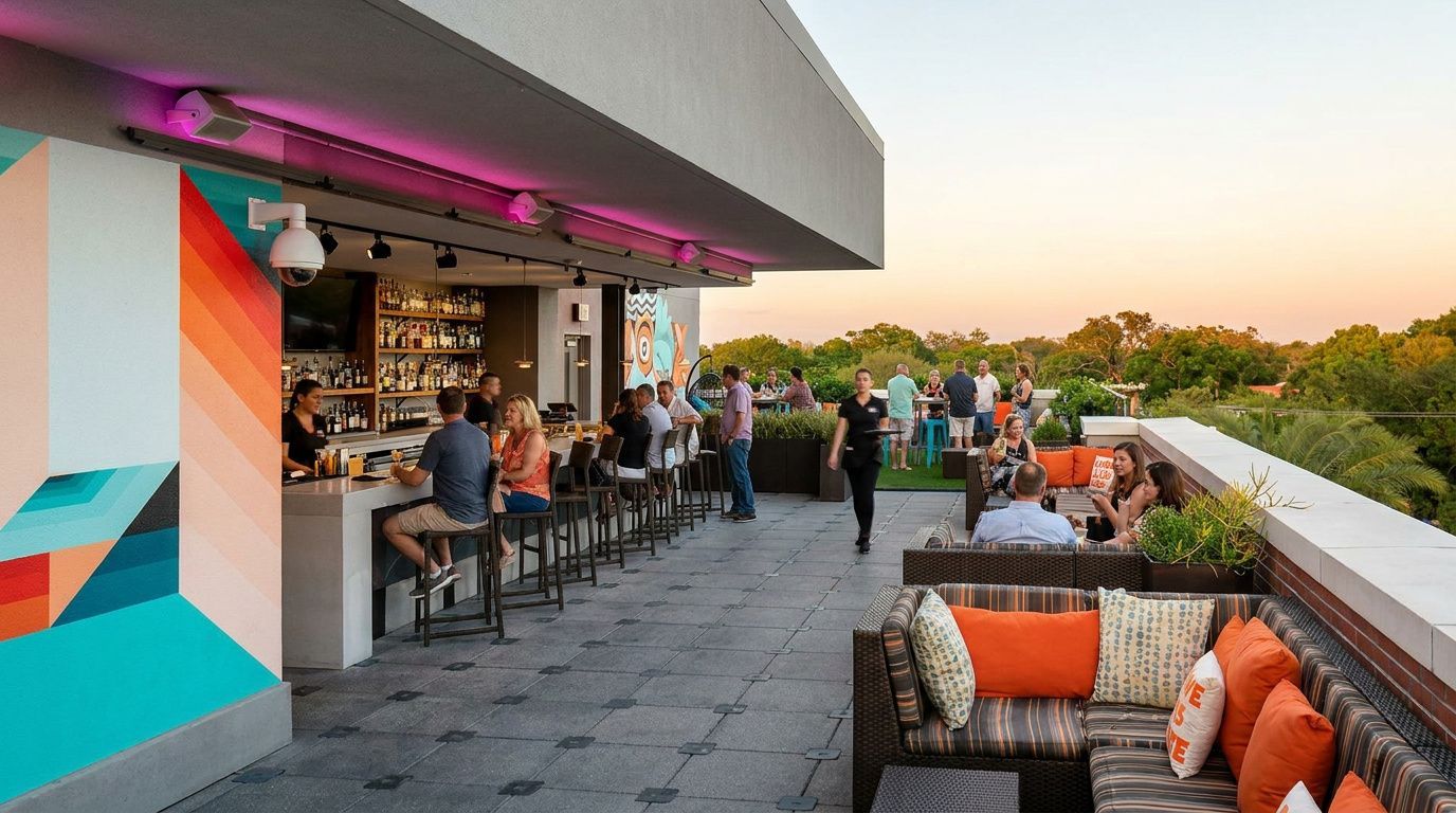 Sunset rooftop bar with seated patrons, orange-cushioned lounge chairs, and colorful mural decor