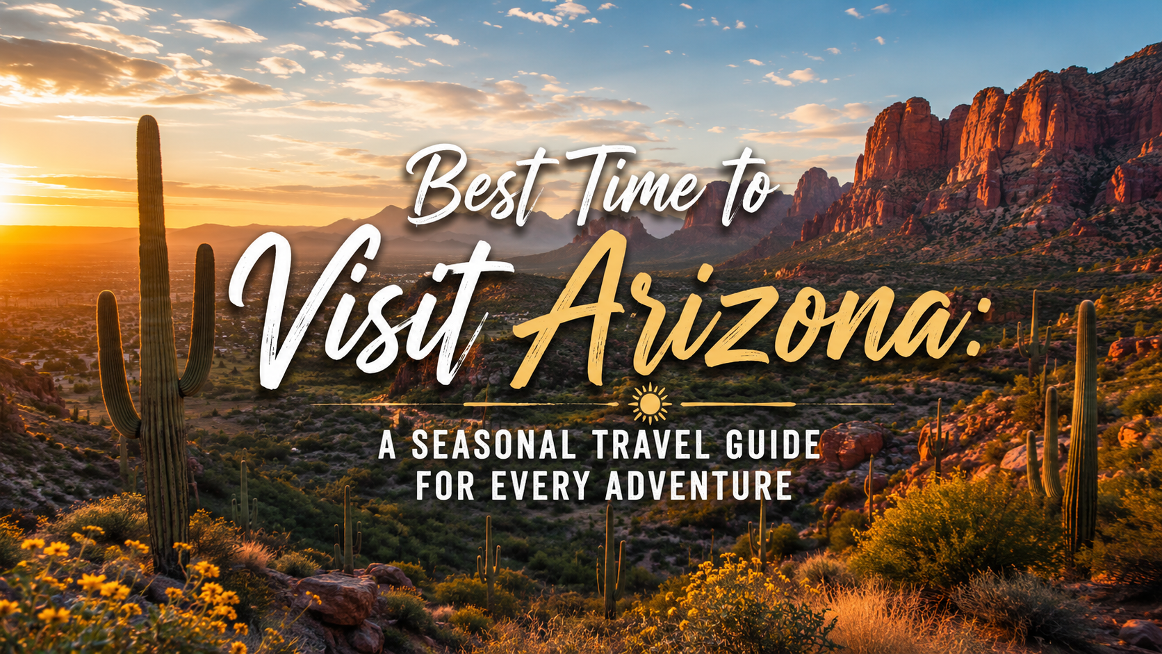 Desert sunset with saguaro cacti and red rocks, overlaid text: “Best Time to Visit Arizona: A Seasonal Travel Guide.”