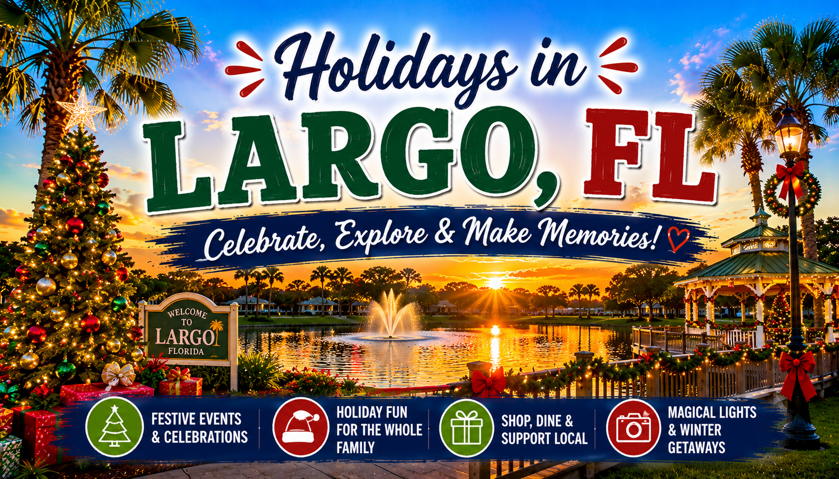 Holidays in Largo, FL travel poster with sunset beach, palm trees, and colorful celebration icons