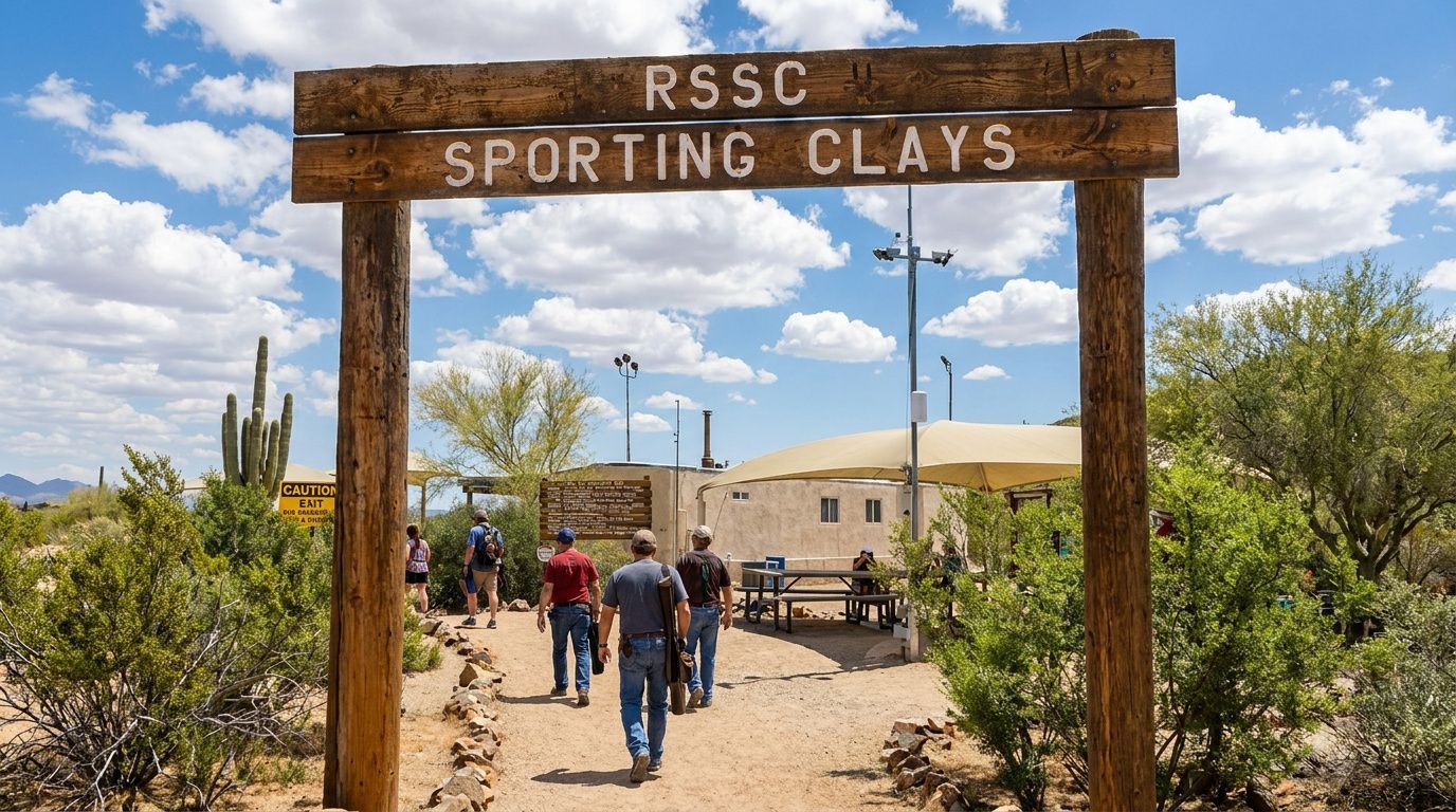 People walking through a wooden entrance labeled “RSSC Sporting Clays” in a desert setting.