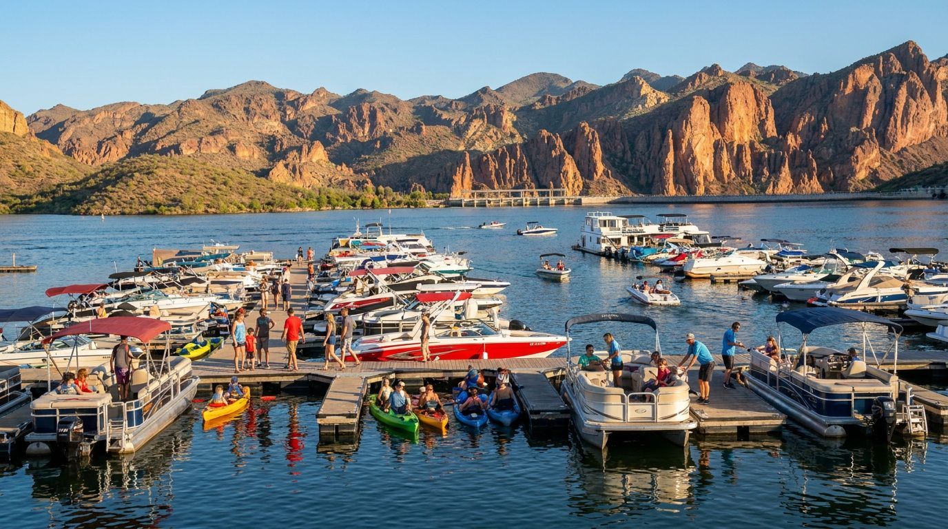 Busy marina with many boats on blue water, framed by rocky desert cliffs at sunset