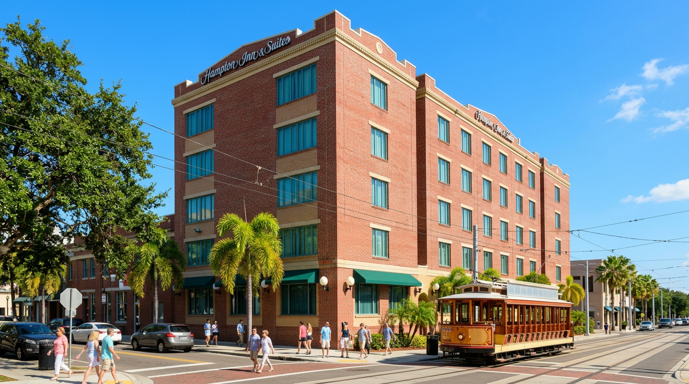 Historic brick corner building with green awnings on a sunny city street, pedestrians and a trolley passing by
