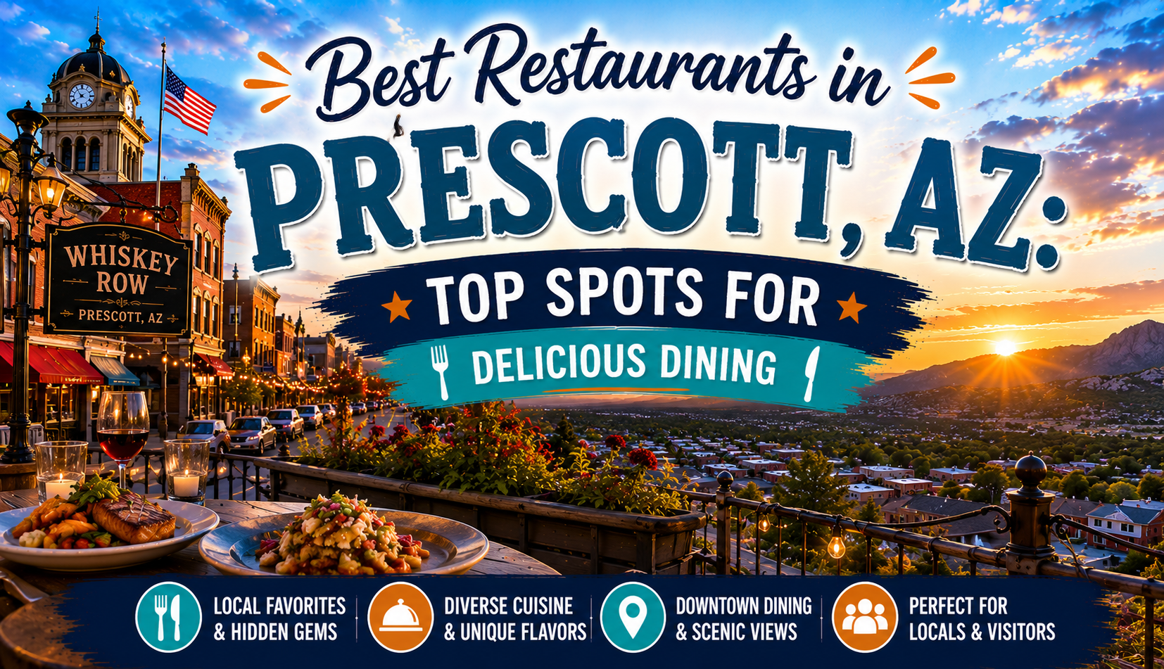 Restaurant scene in Prescott, AZ: couples dining outdoors at dusk with string lights and a mountain view.