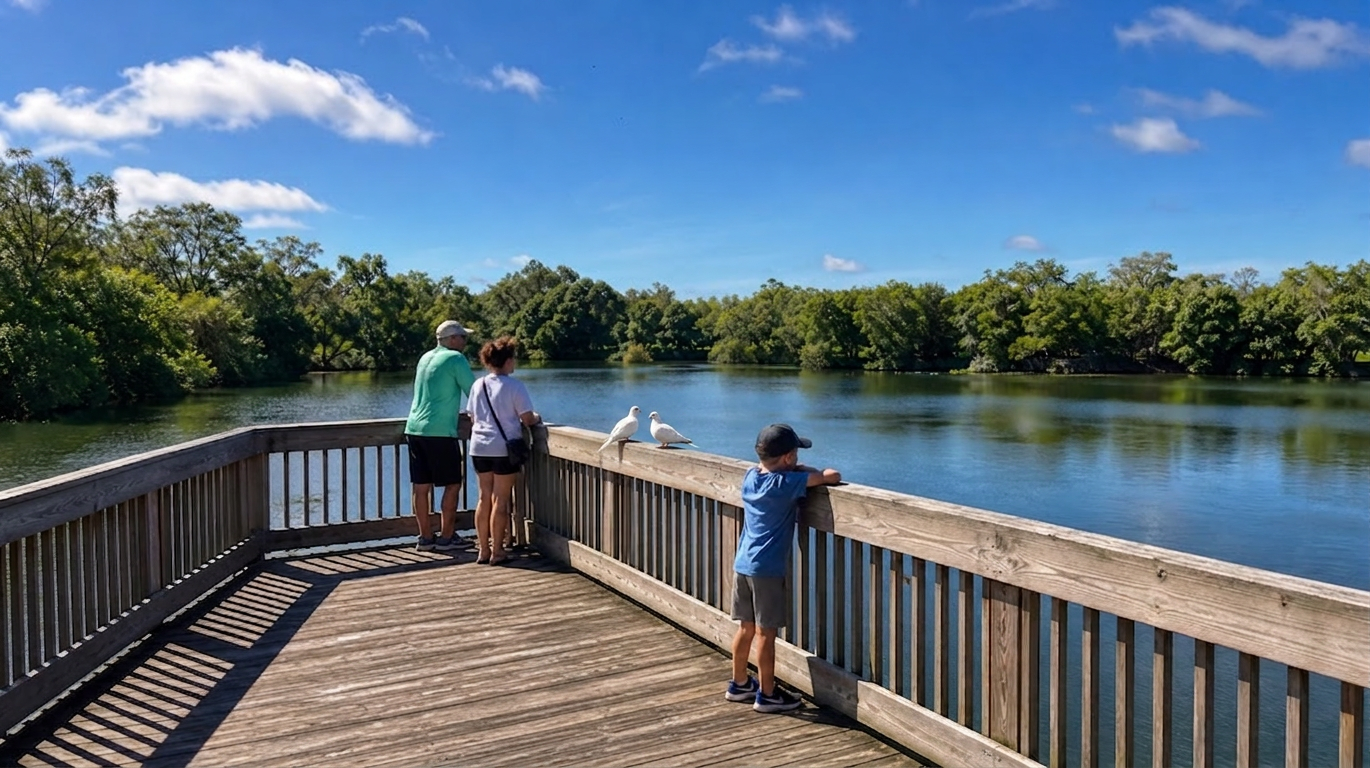 People standing on a wooden riverside deck overlooking calm water and trees under a blue sky