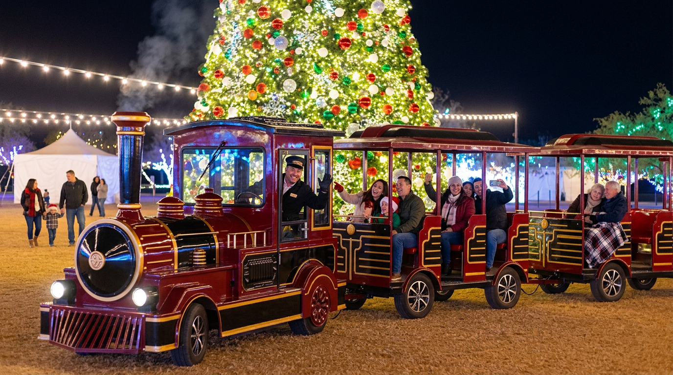 Holiday mini train ride under a lit Christmas tree at night, with red cars and passengers waiting.