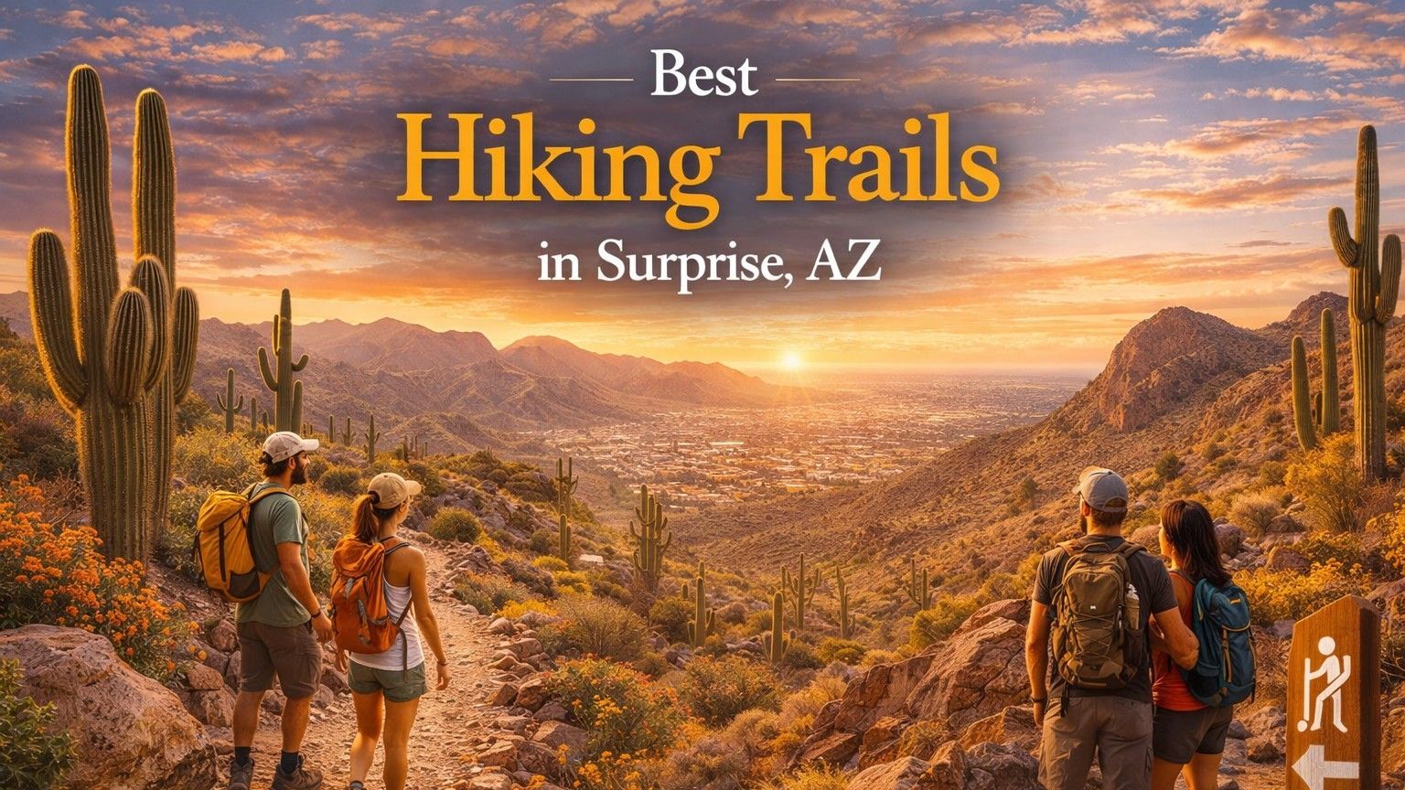 Hikers on a desert trail in Surprise, AZ, looking at a sunset over the valley.