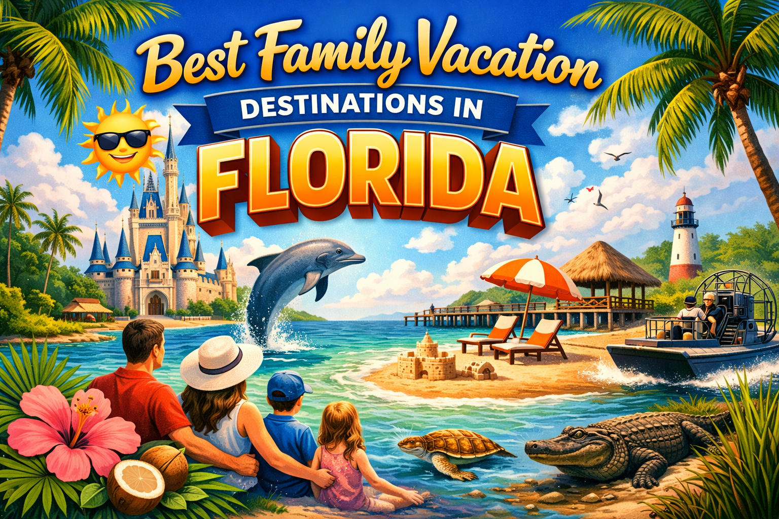 Family at Florida beach with attractions: Disney castle, dolphin, alligator, airboat, lighthouse.