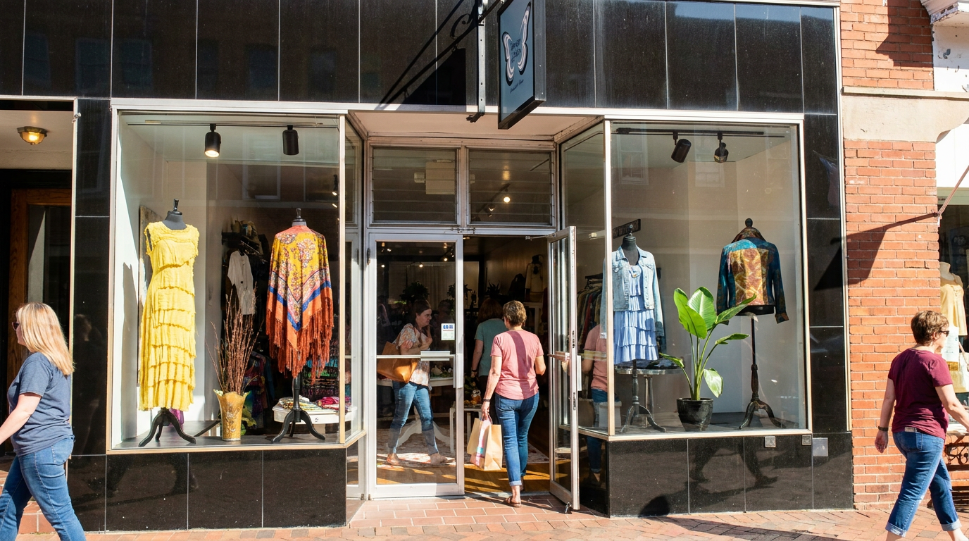 Storefront display with mannequins in colorful clothes and people walking past the entrance