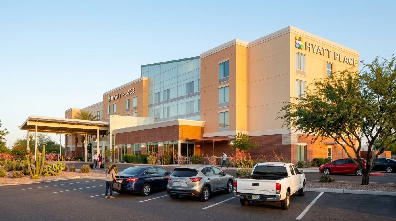Modern hotel exterior with parked cars and a covered entrance at sunset