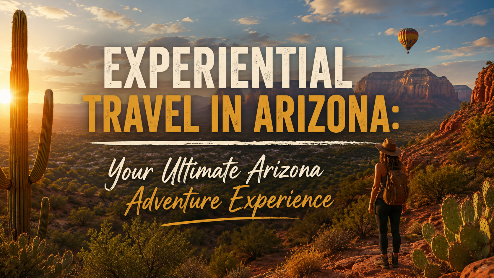 Experiential travel in Arizona poster with sunset canyon view, hiker, and hot air balloon