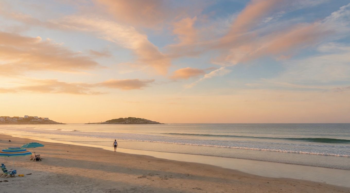Sunrise over a quiet beach with gentle waves, pastel clouds, and a lone person walking near the shore