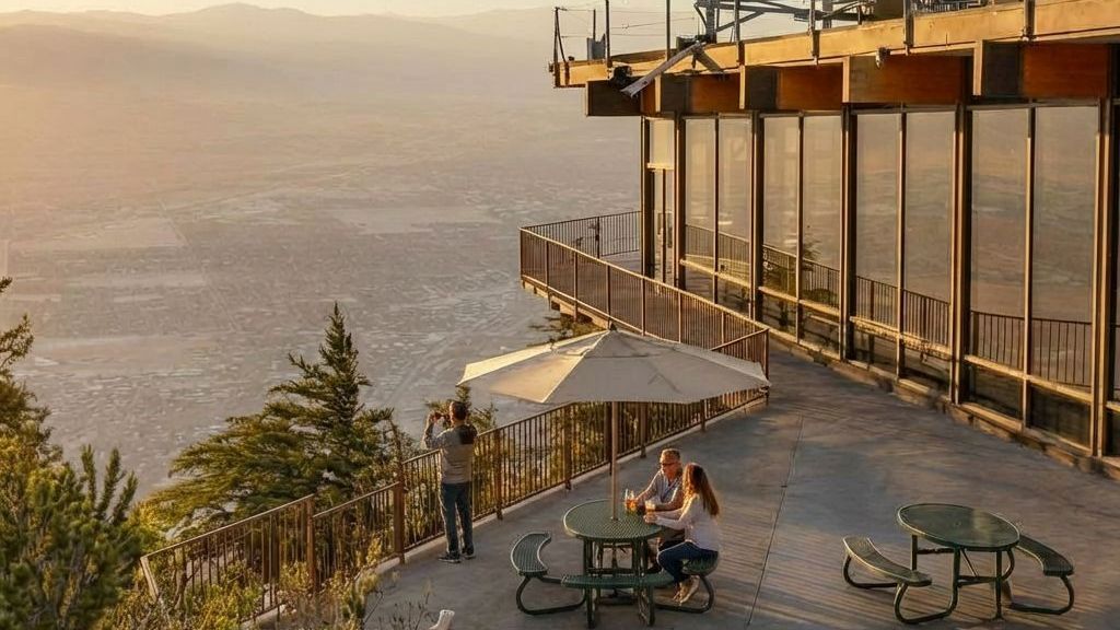 An outdoor observation deck at sunset, with people sitting at tables overlooking a vast city below.