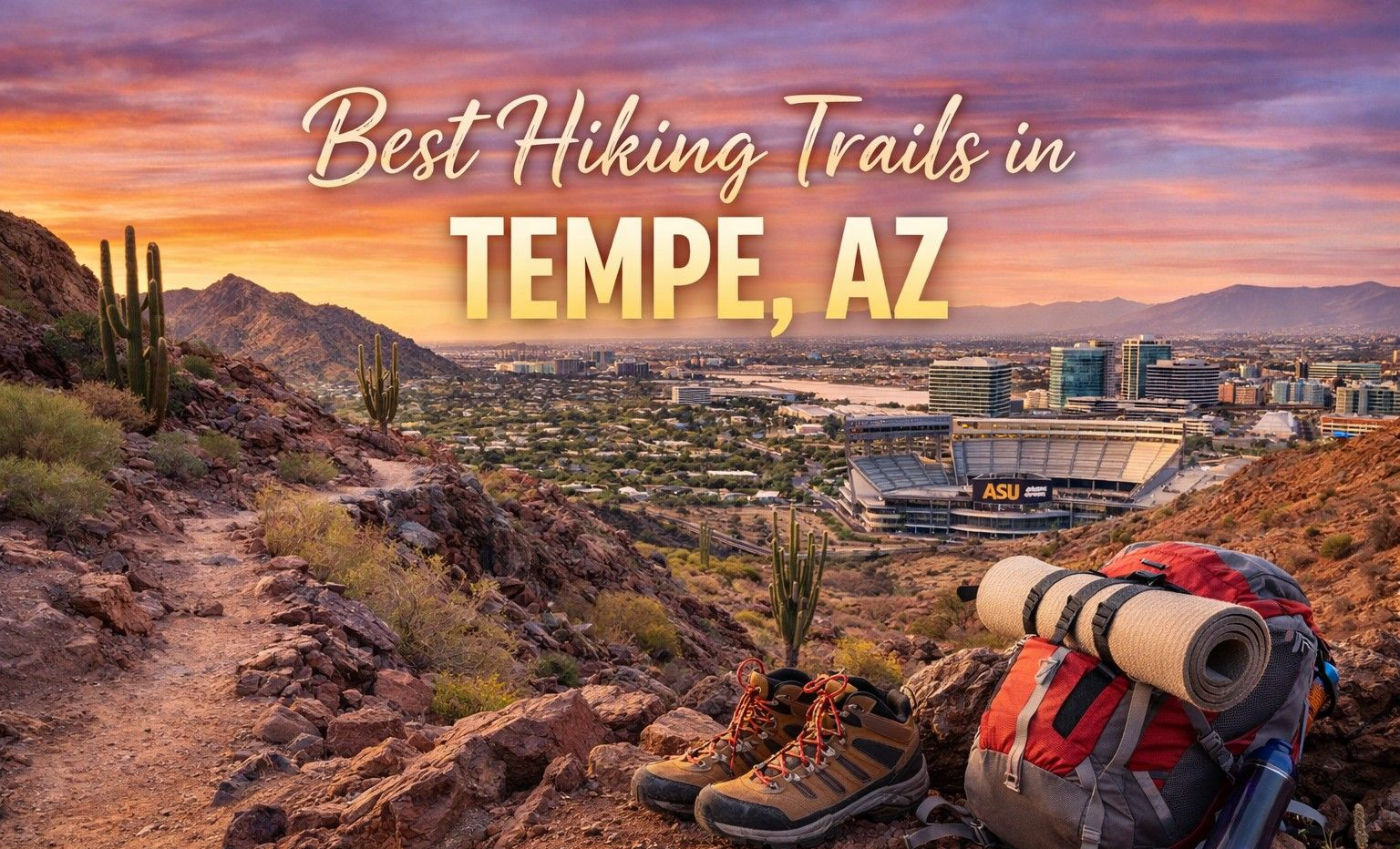 Hiking gear sits on a trail overlooking Tempe, Arizona, at sunset.