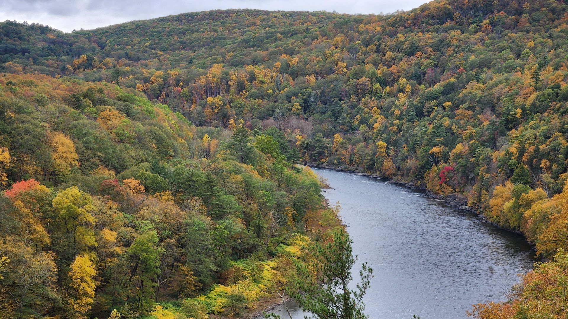 River winding through a forested mountain valley with autumn foliage in yellows, greens, and reds.